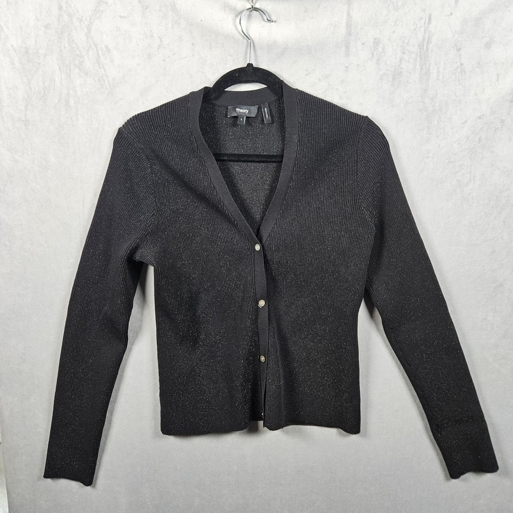 Theory Plaited Cardigan Womens Large Black Metallic Compact Crepe Button‎ Up